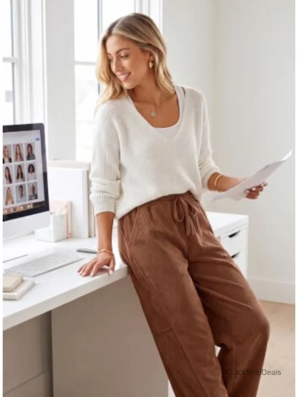 Women's Corduroy Barrel Pants High Rise Drawstring Loose Wide Leg
